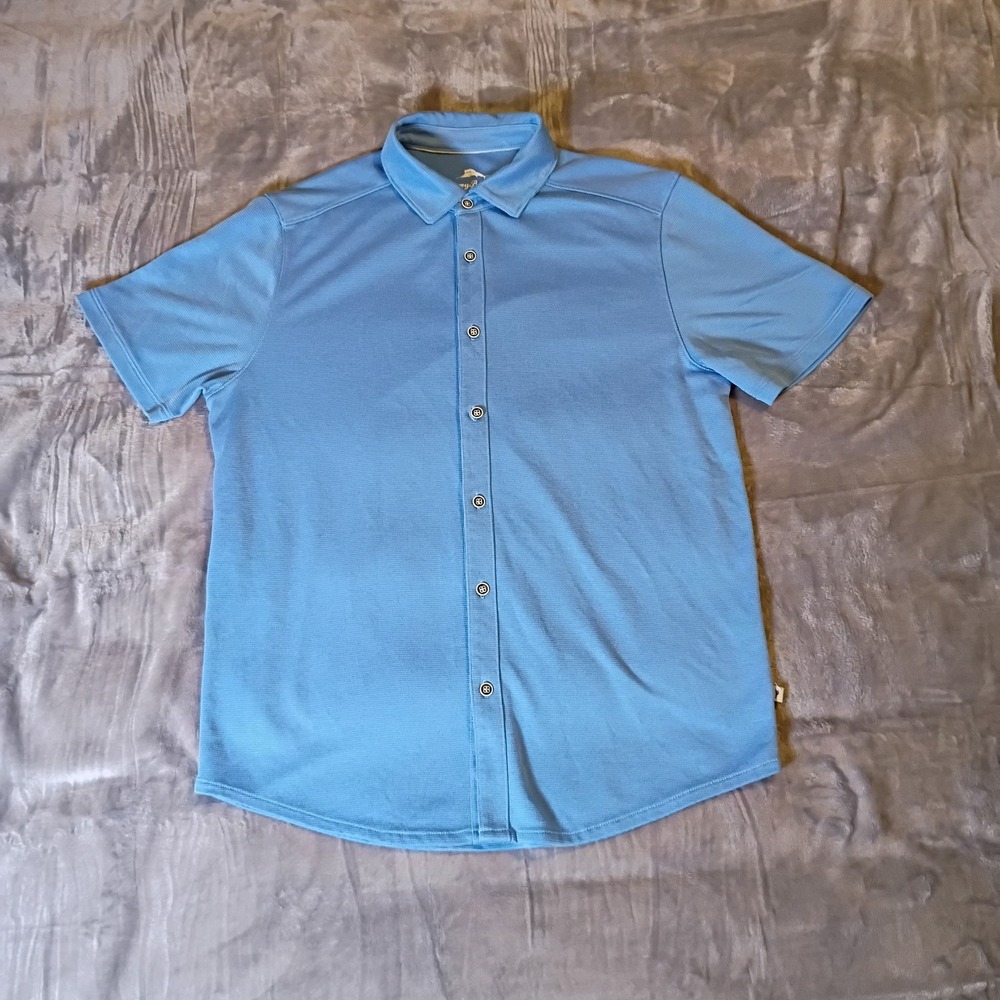 Tommy Bahama Mens Small Blue Tencel Modal Textured Short Sleeve Button Down‎